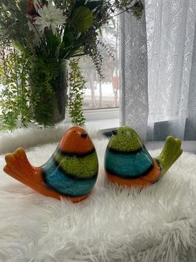 2 Colorful Ceramic Bird Figurine - Green, Teal & Orange